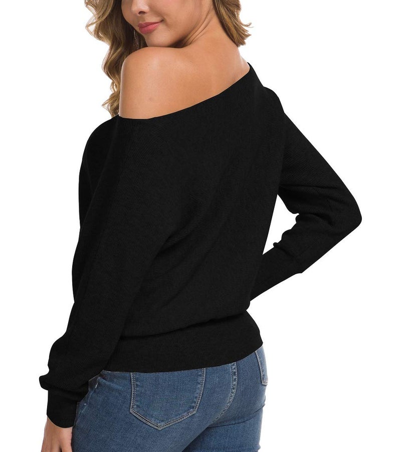 Feiersi Women's Off Shoulder Sweater Long Sleeve Loose Pullover Knit Jumper (Black,Small) - Image 4